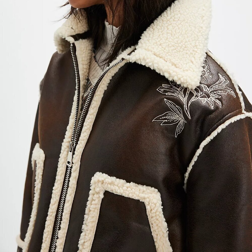 NWT $218 DRIFTWOOD Silas Faux Leather Shearling Floral Embroidery Jacket Boho XS - Picture 3 of 4
